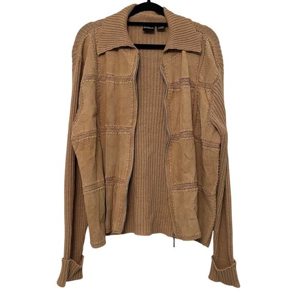 Vintage Leather Jacket Patchwork Cardigan Tan Size Large Zip Up Knit Collar Y2K - Picture 1 of 7